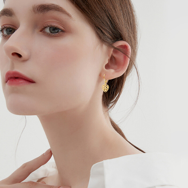 10K Gold Cross & Heart Drop Earrings-2