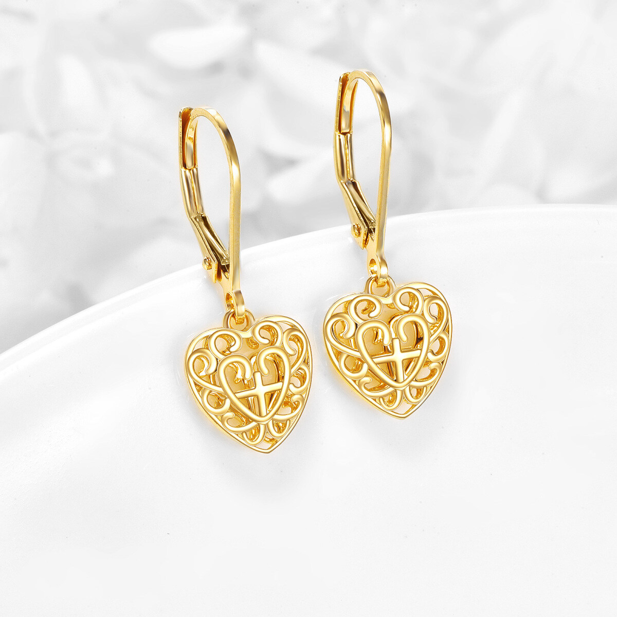 14K Gold Cross & Heart Drop Earrings-3