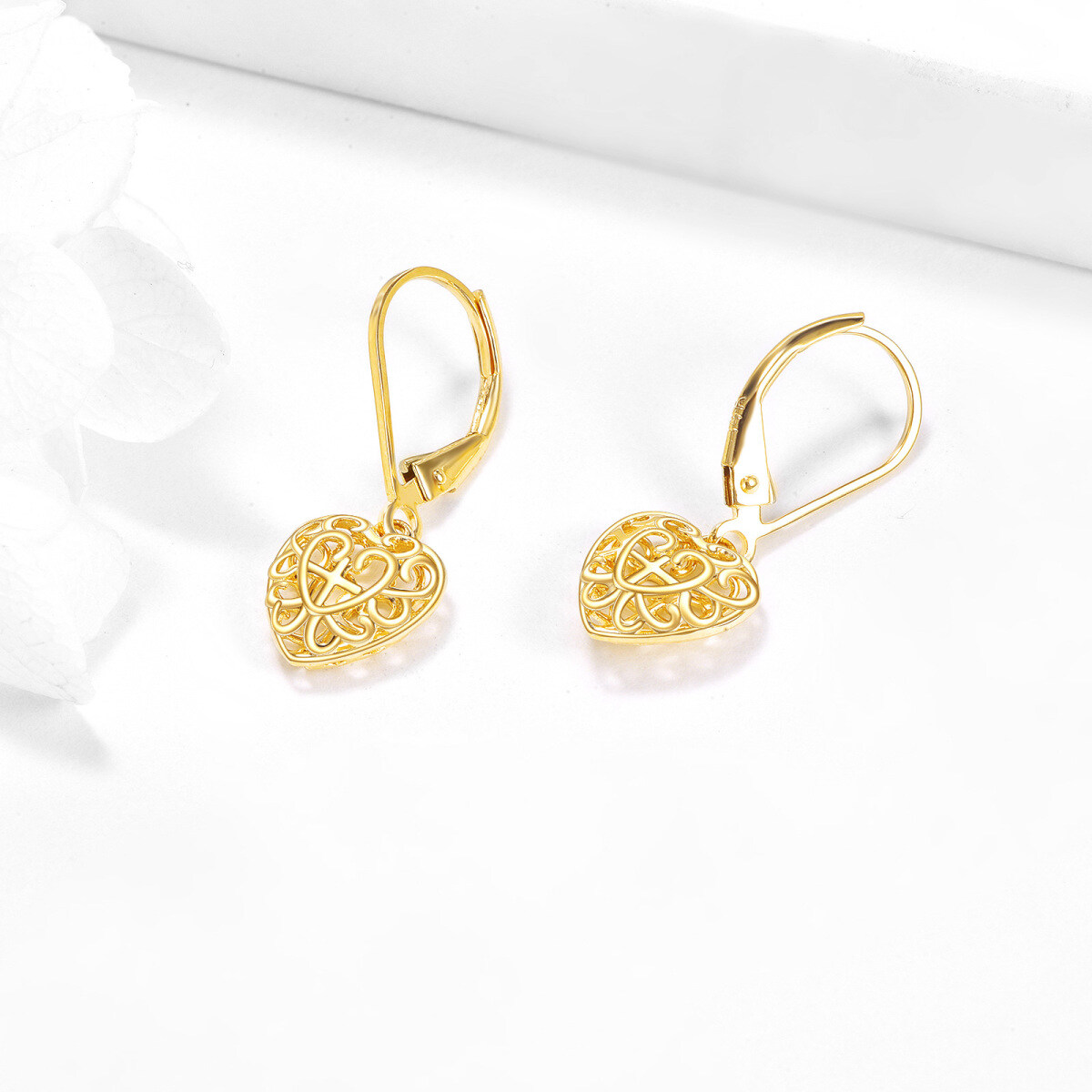 14K Gold Cross & Heart Drop Earrings-4