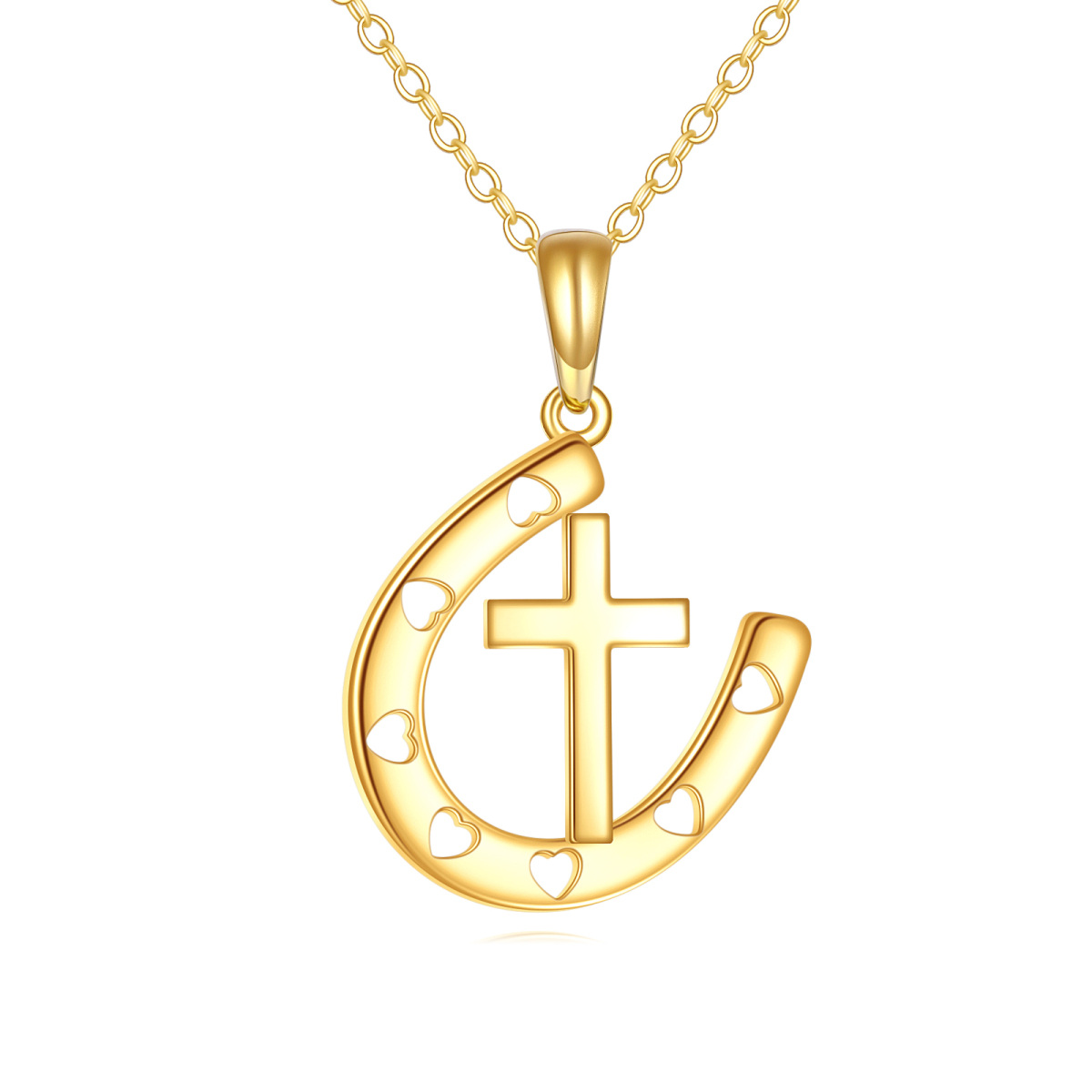 Collier avec pendentif en or 14K en forme de croix, de coeur et de fer à cheval-1