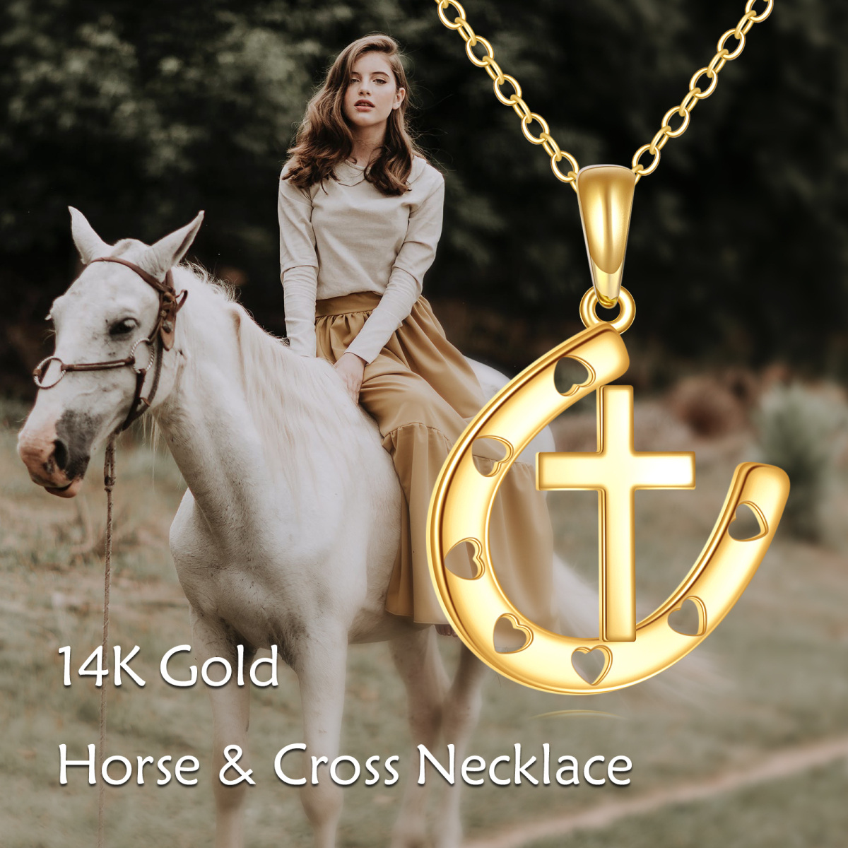 10K Gold Cross Heart Horseshoe Pendant Necklace-6