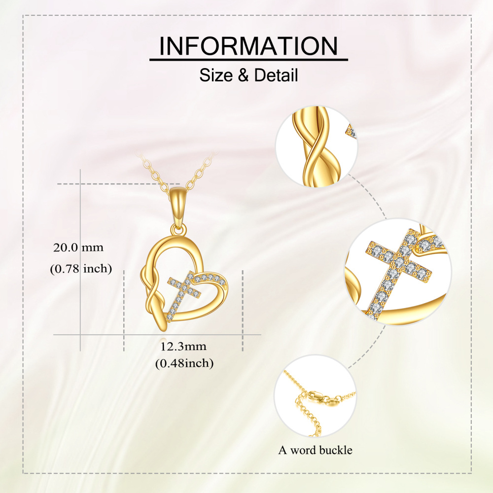 10K Gold Cubic Zirconia Cross & Heart & Infinity Symbol Pendant Necklace-5