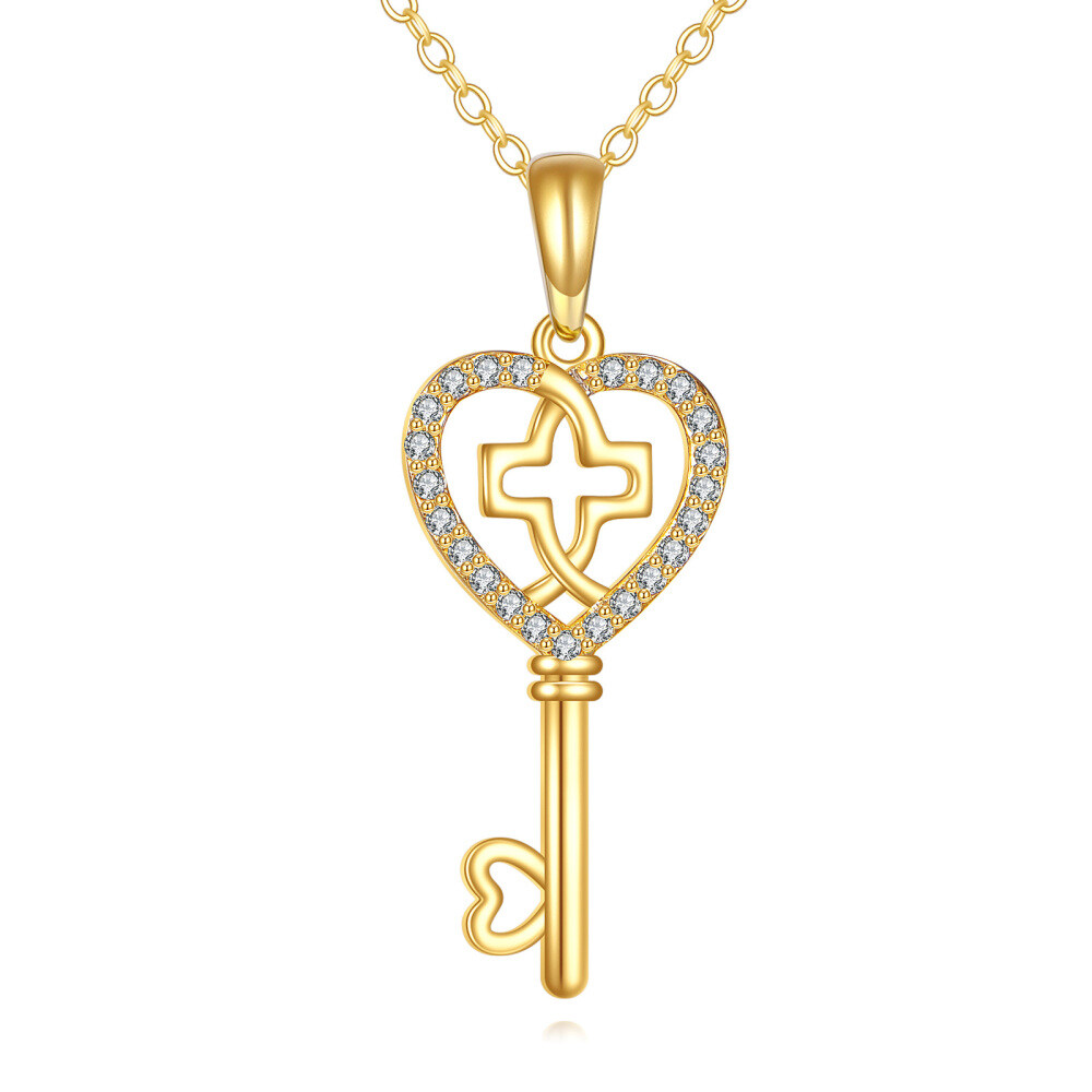 10K Gold Cubic Zirconia Cross & Heart Love Key Pendant Necklace Dainty Anniversary Gift-1