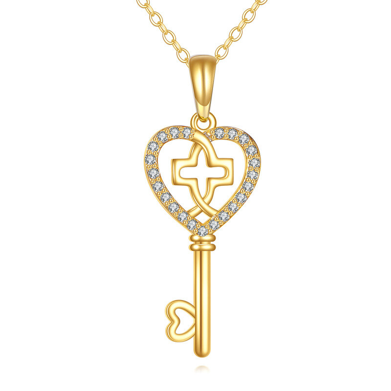 10K Gold Cubic Zirconia Cross & Heart Love Key Pendant Necklace Dainty Anniversary Gift-2