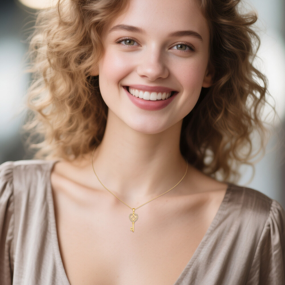 10K Gold Cubic Zirconia Cross & Heart Love Key Pendant Necklace Dainty Anniversary Gift-2
