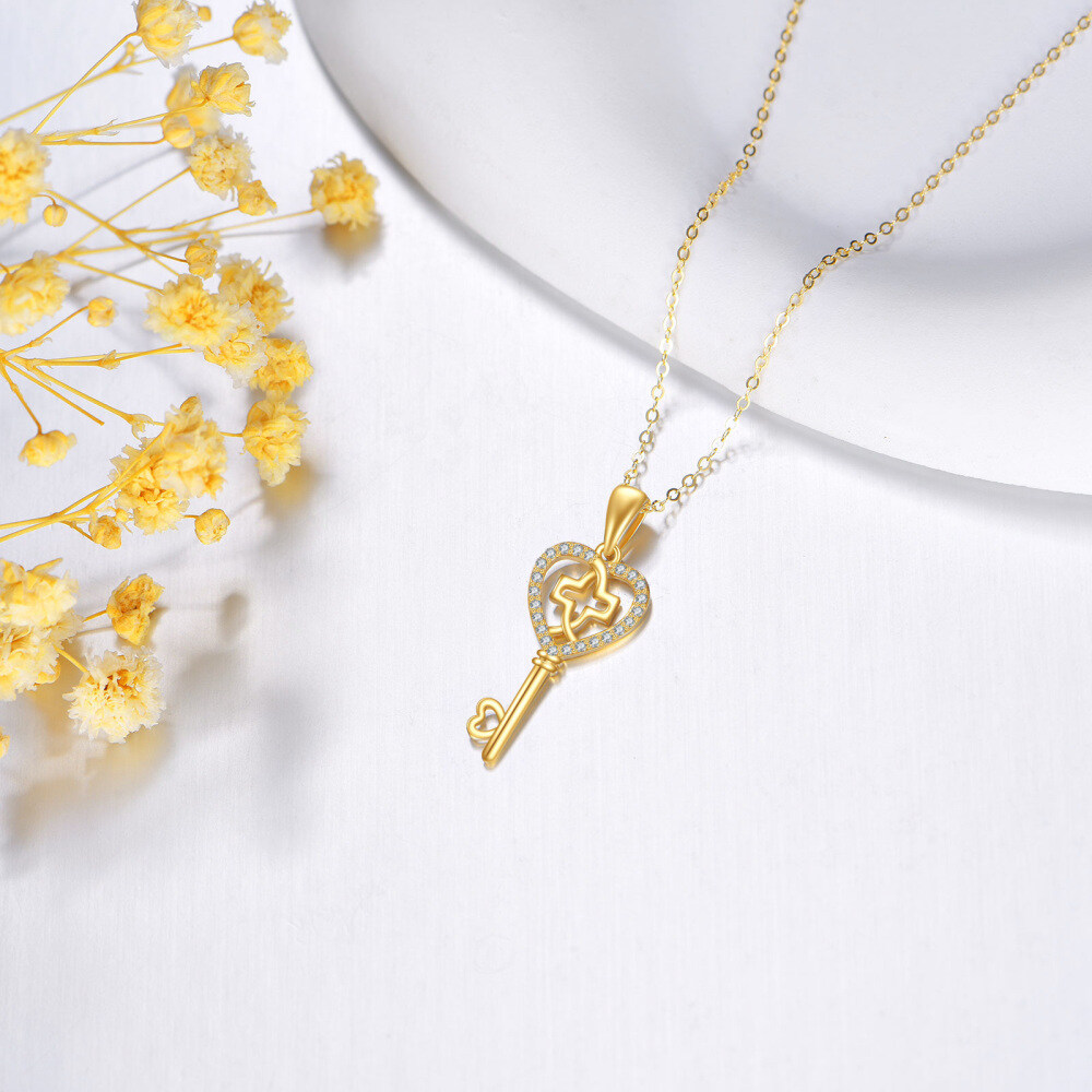 10K Gold Cubic Zirconia Cross & Heart Love Key Pendant Necklace Dainty Anniversary Gift-3