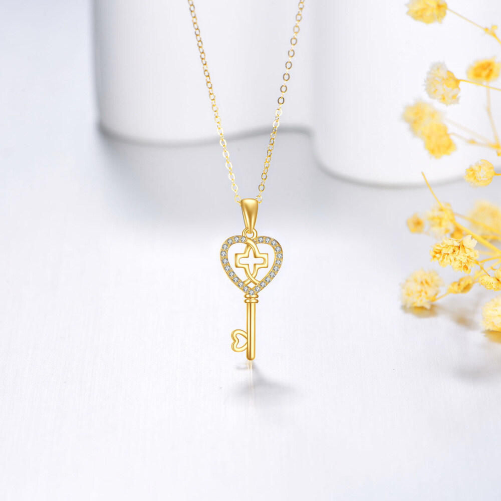 10K Gold Cubic Zirconia Cross & Heart Love Key Pendant Necklace Dainty Anniversary Gift-4