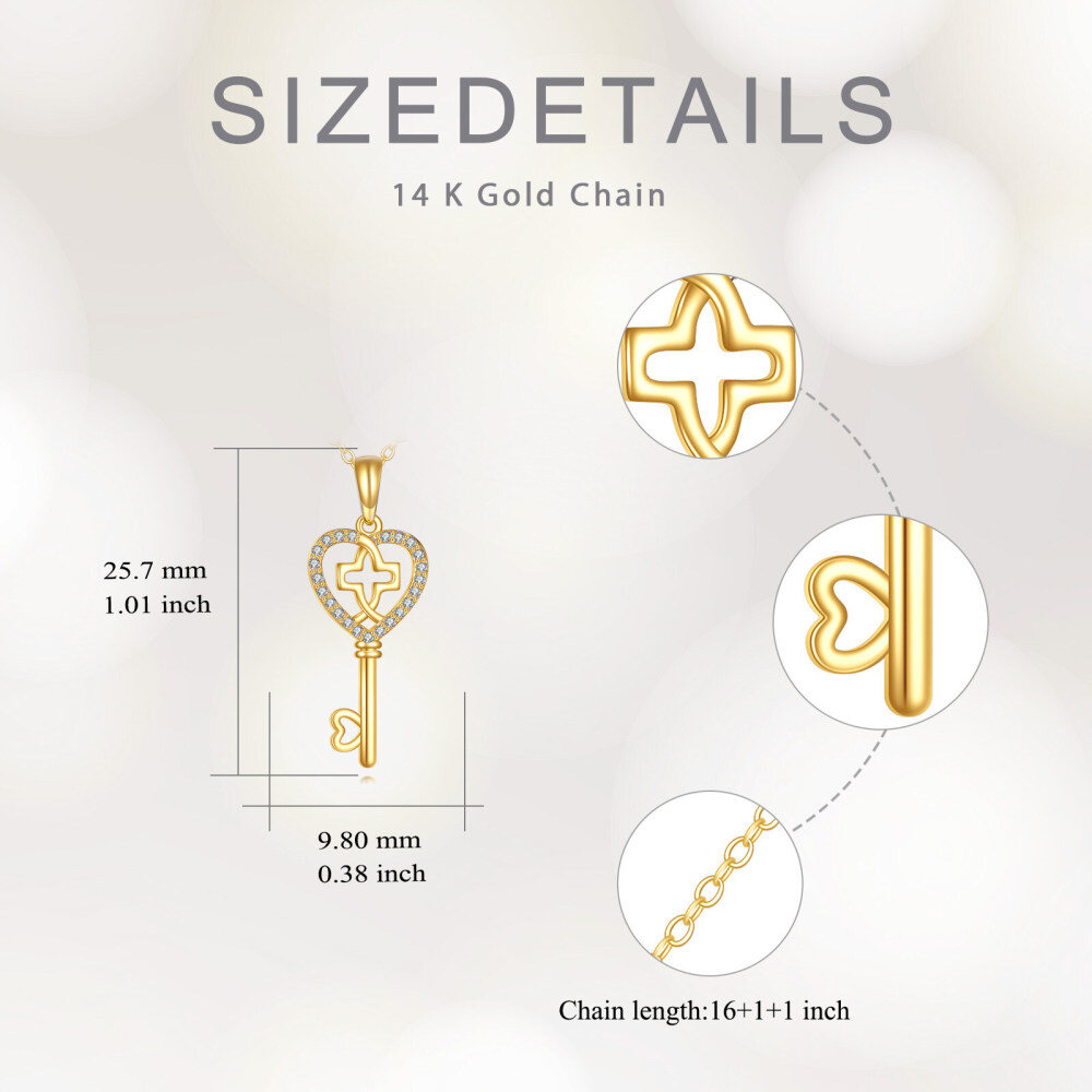 10K Gold Cubic Zirconia Cross & Heart Love Key Pendant Necklace Dainty Anniversary Gift-5