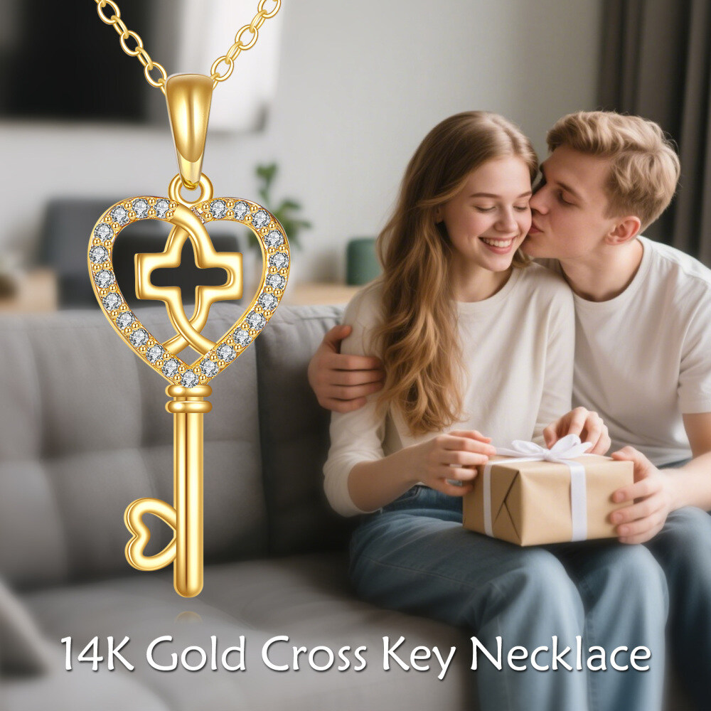 10K Gold Cubic Zirconia Cross & Heart Love Key Pendant Necklace Dainty Anniversary Gift-6