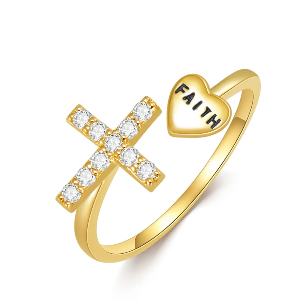 10K Gold Cubic Zirconia Cross & Heart Open Ring with Engraved Word-1