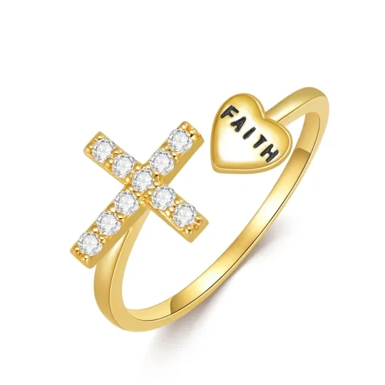 14K Gouden Cubic Zirconia Kruis & Hart Open Ring met Gegraveerd Woord