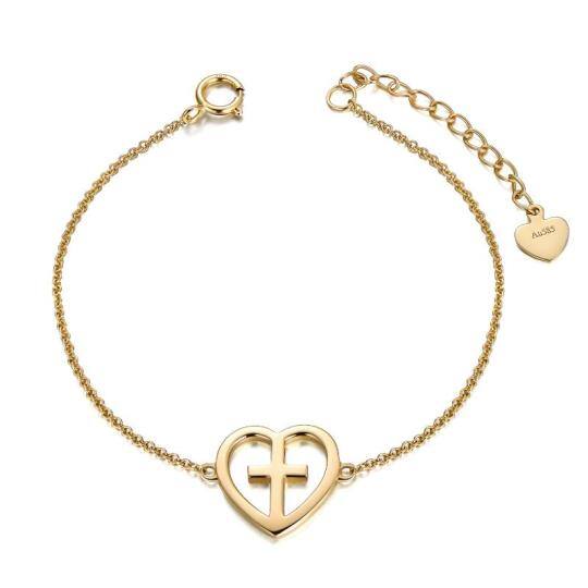 Bracciale con ciondolo a forma di cuore con croce in oro 14 carati