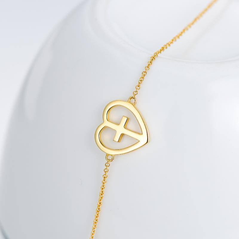 10K Gold Cross & Heart Charm Bracelet-4