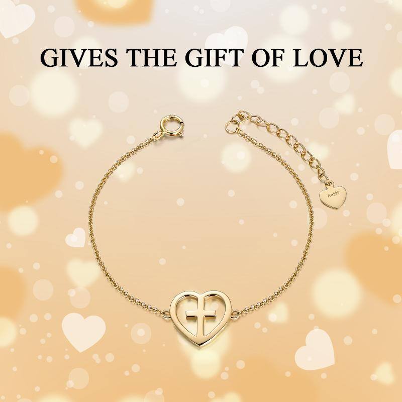 10K Gold Cross & Heart Charm Bracelet-7