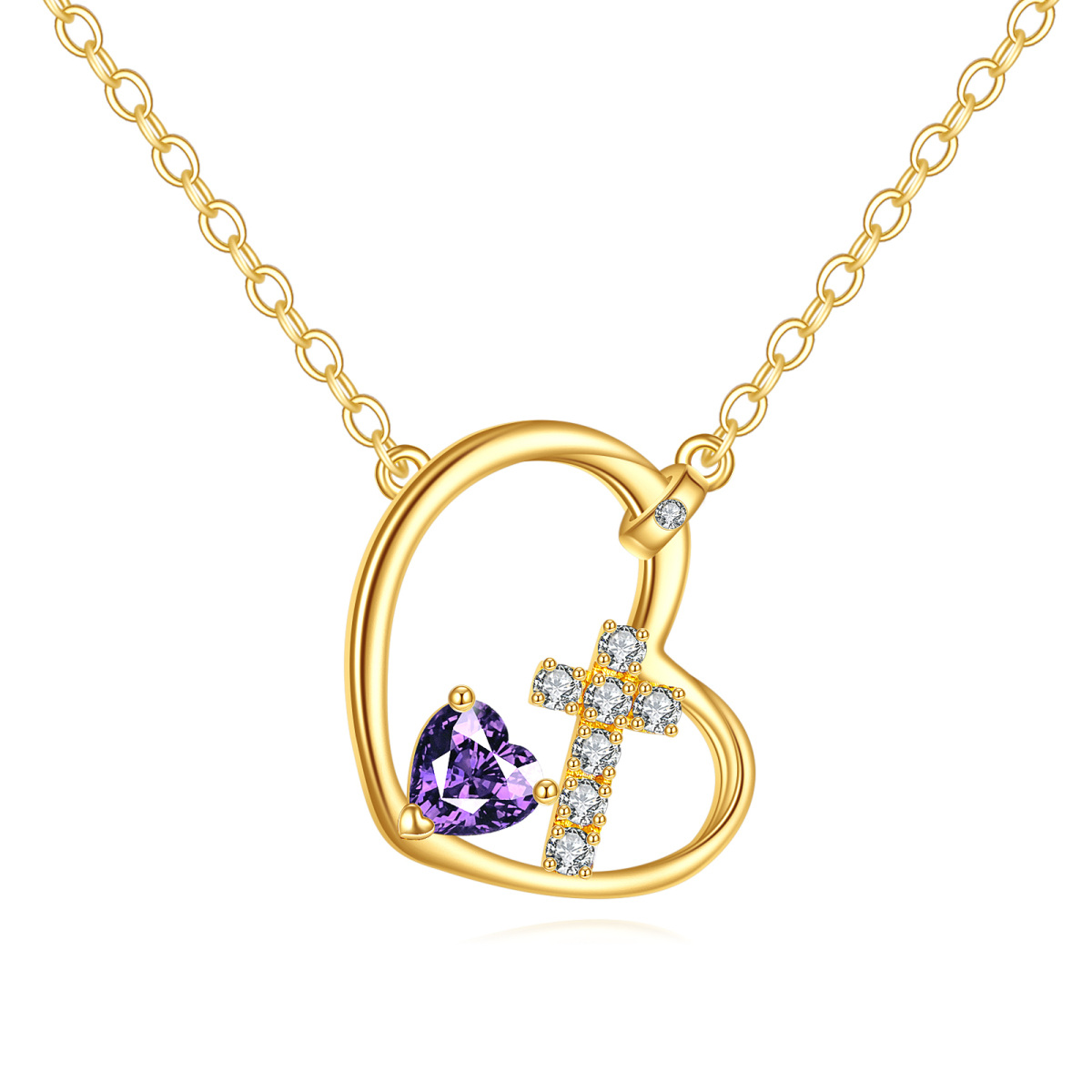 18K Gold Cubic Zirconia Cross & Heart Pendant Necklace-1