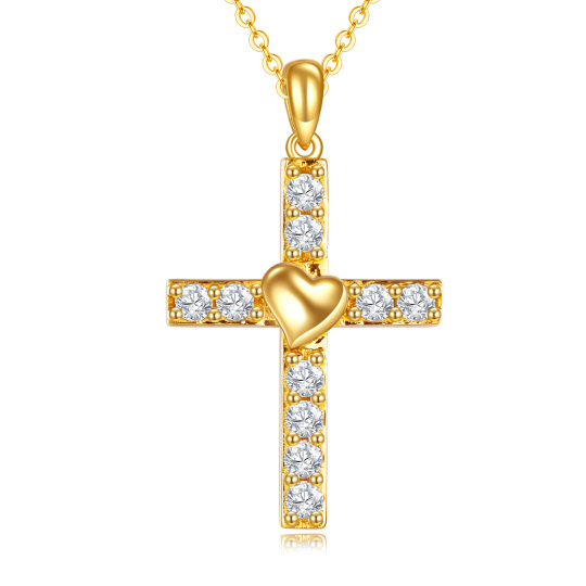 Halskette mit Kreuz- und Herzanhänger aus 14 Karat Gold mit Zirkonia