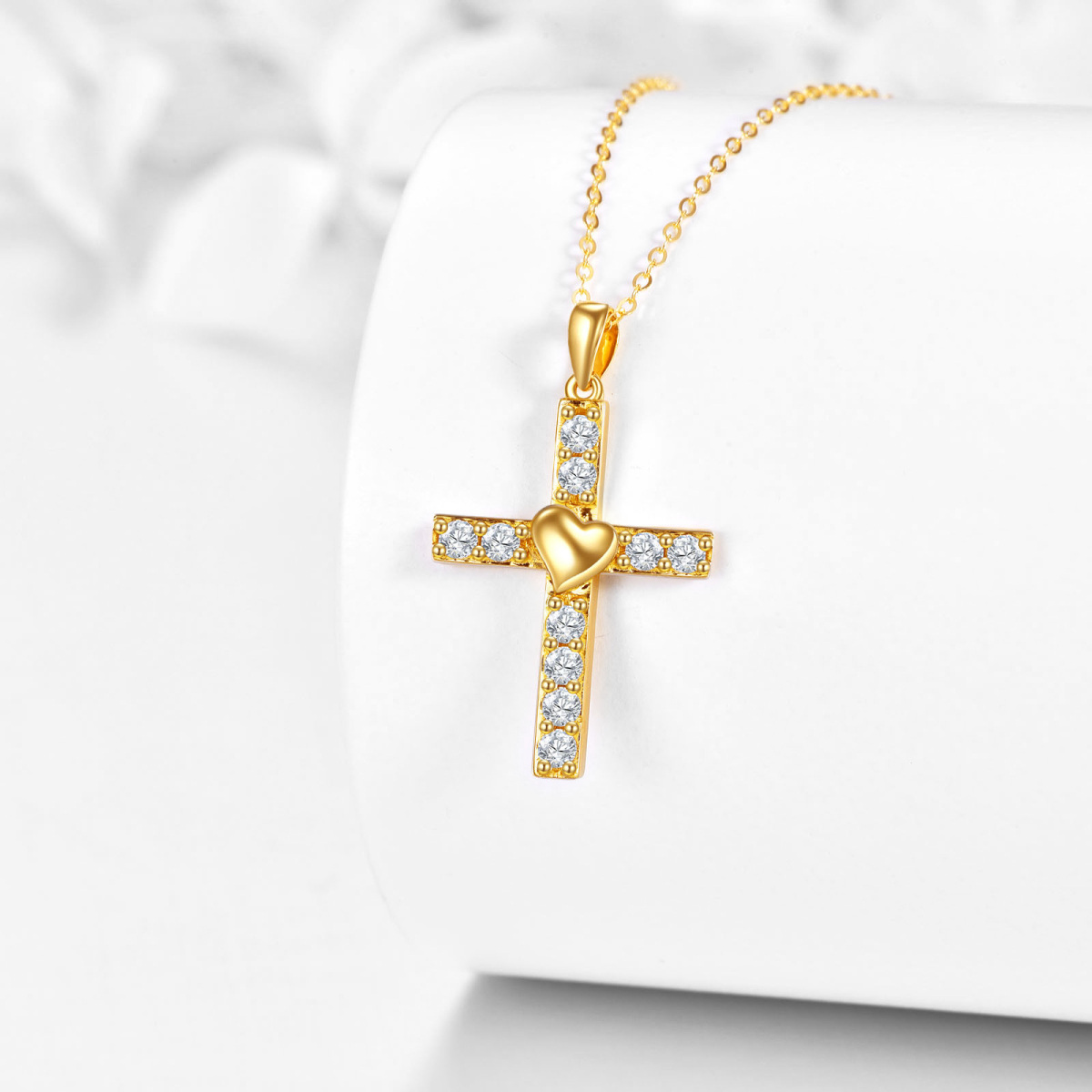 14K Gold Cubic Zirconia Cross & Heart Pendant Necklace-3