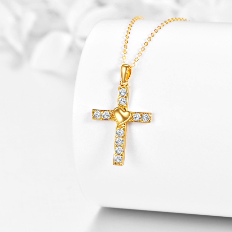 9K White Gold Cubic Zirconia Cross & Heart Pendant Necklace-3