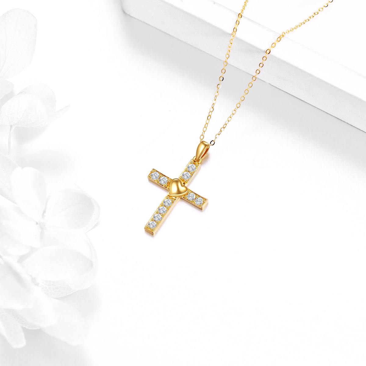 14K Gold Cubic Zirconia Cross & Heart Pendant Necklace-4