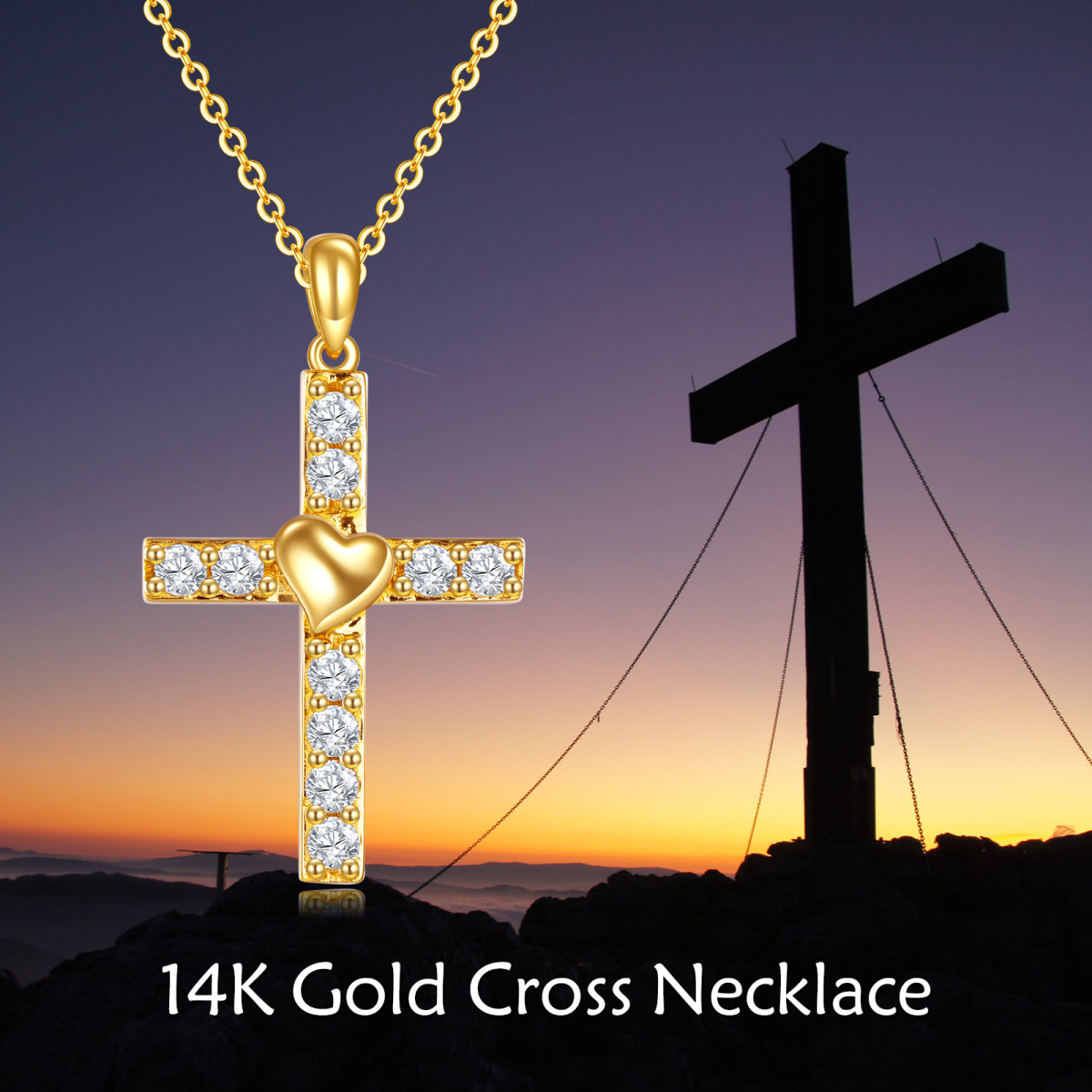 14K Gold Cubic Zirconia Cross & Heart Pendant Necklace-6