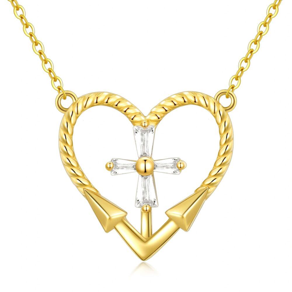 10K Gold Cubic Zirconia Cross & Heart Pendant Necklace-1