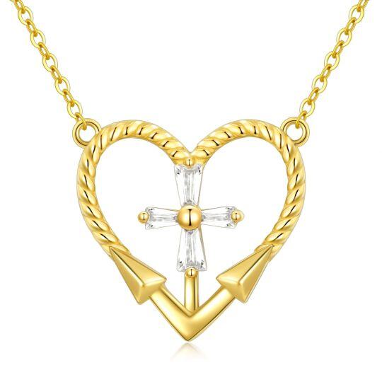 14K Gold Cubic Zirconia Cross & Heart Pendant Necklace