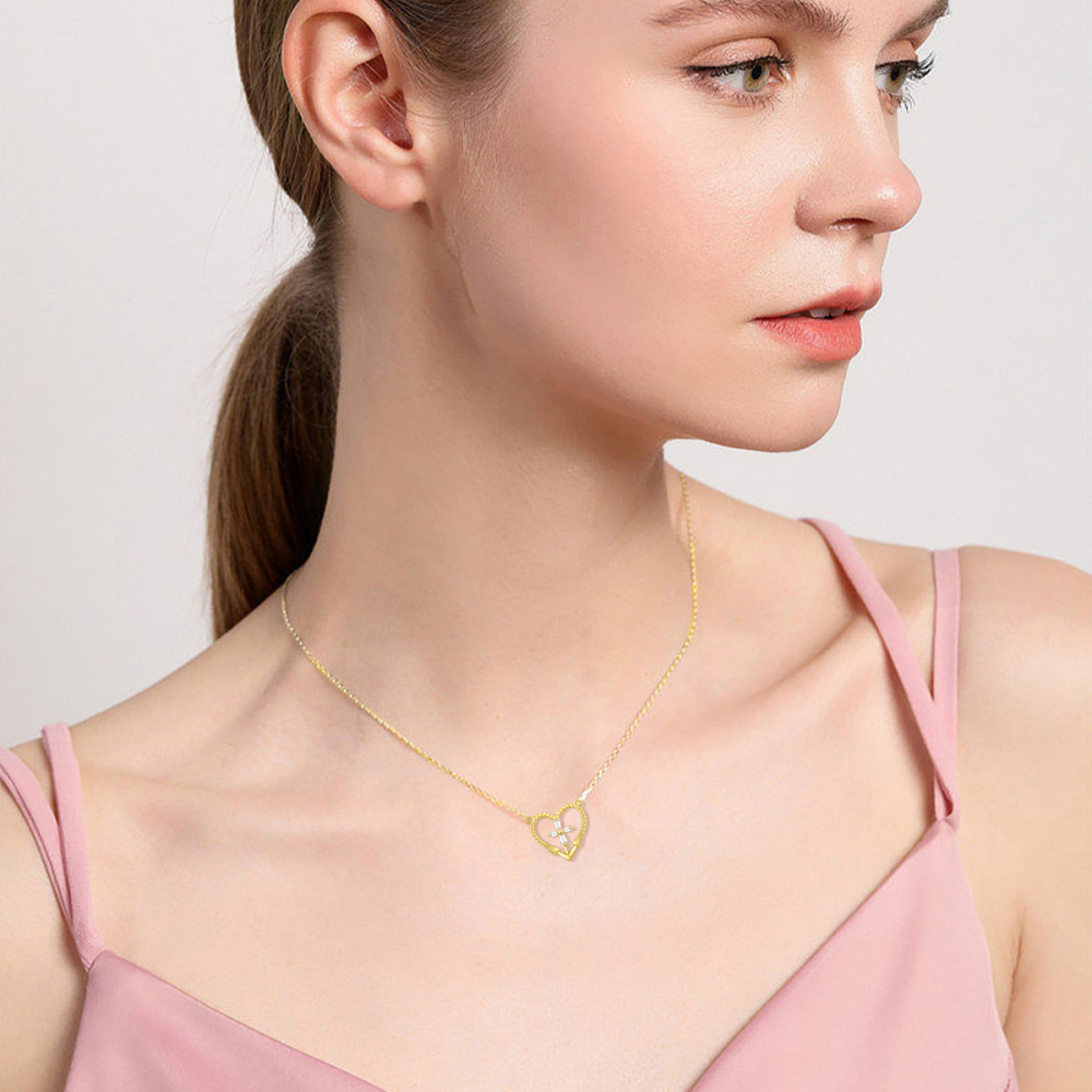 10K Gold Cubic Zirconia Cross & Heart Pendant Necklace-2