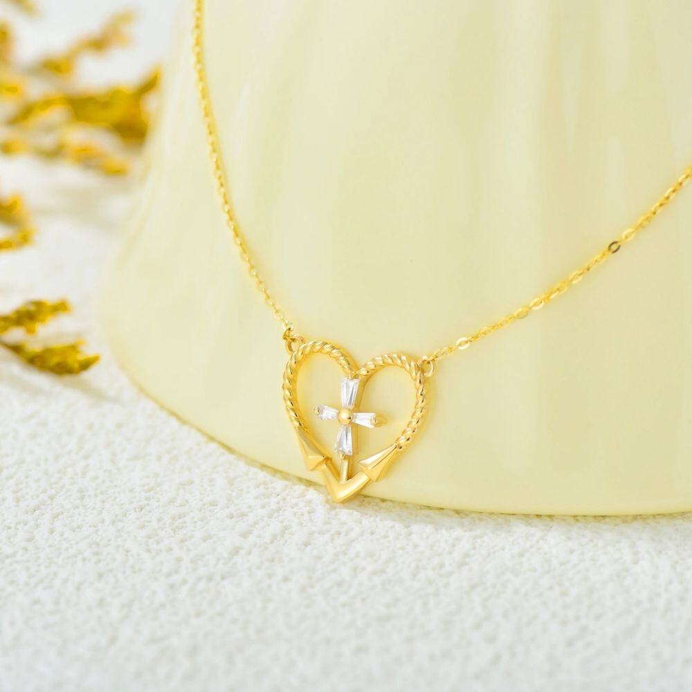 10K Gold Cubic Zirconia Cross & Heart Pendant Necklace-3