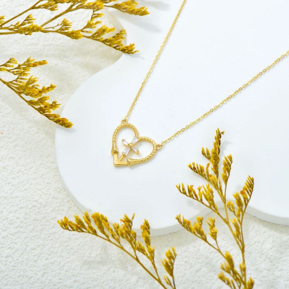 10K Gold Cubic Zirconia Cross & Heart Pendant Necklace-4