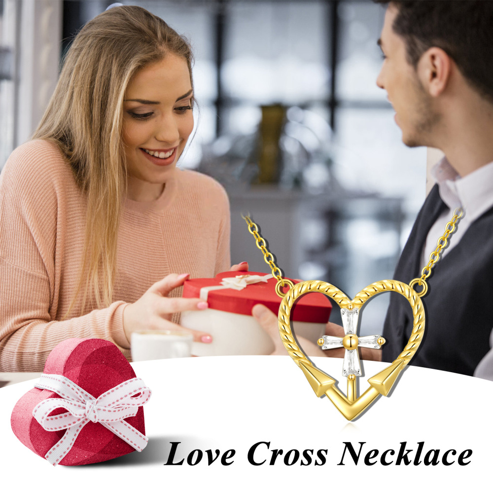 10K Gold Cubic Zirconia Cross & Heart Pendant Necklace-6