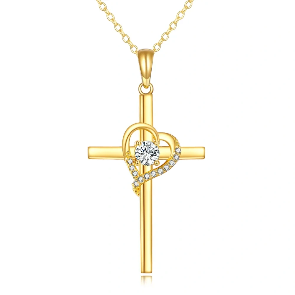 10K Gold Cubic Zirconia Cross & Heart Pendant Necklace-1