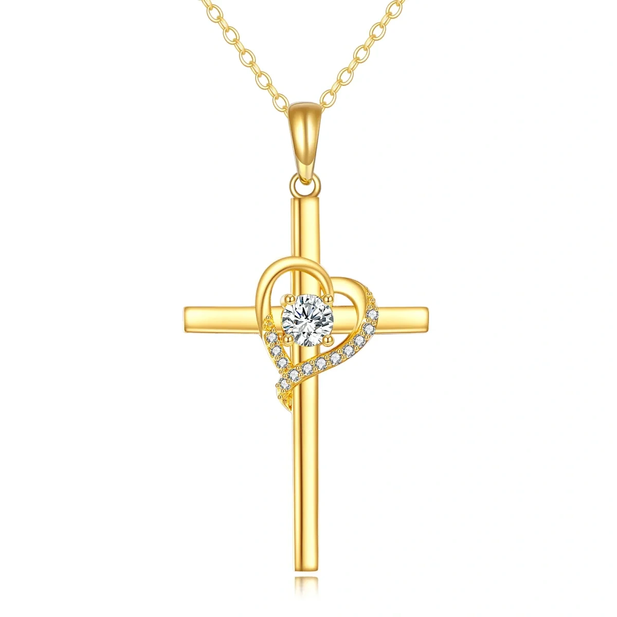 14K Gold Cubic Zirkonia Kreuz & Herz Anhänger Halskette-1