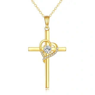 10K Gold Cubic Zirconia Cross & Heart Pendant Necklace-12