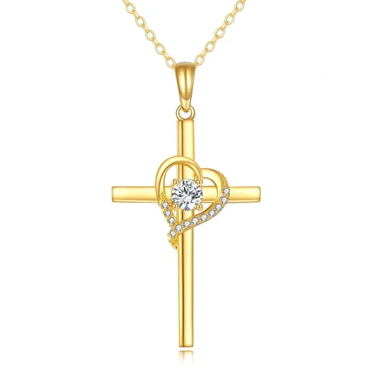 10K Gold Cubic Zirconia Cross & Heart Pendant Necklace