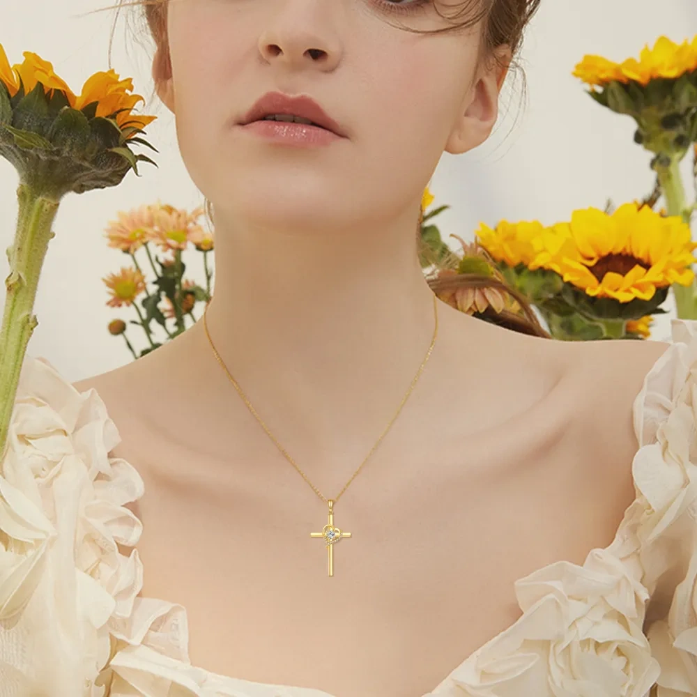 10K Gold Cubic Zirconia Cross & Heart Pendant Necklace-2