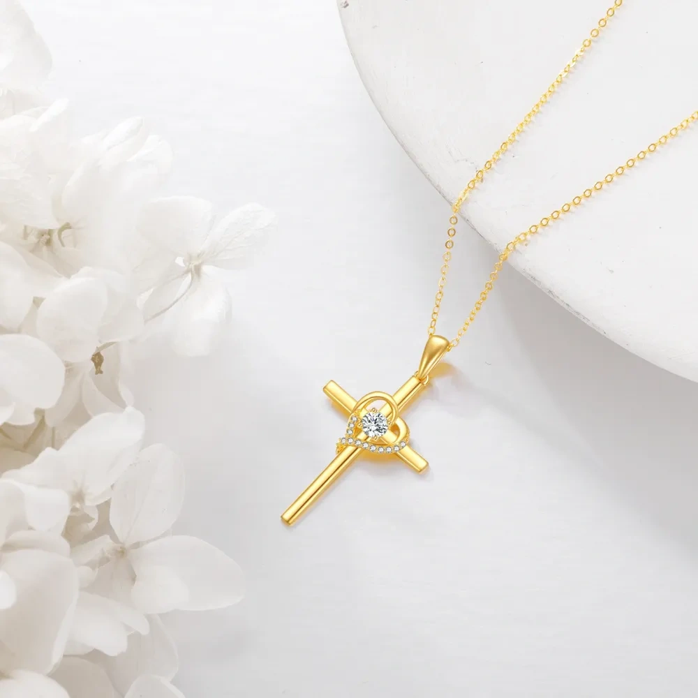 10K Gold Cubic Zirconia Cross & Heart Pendant Necklace-3