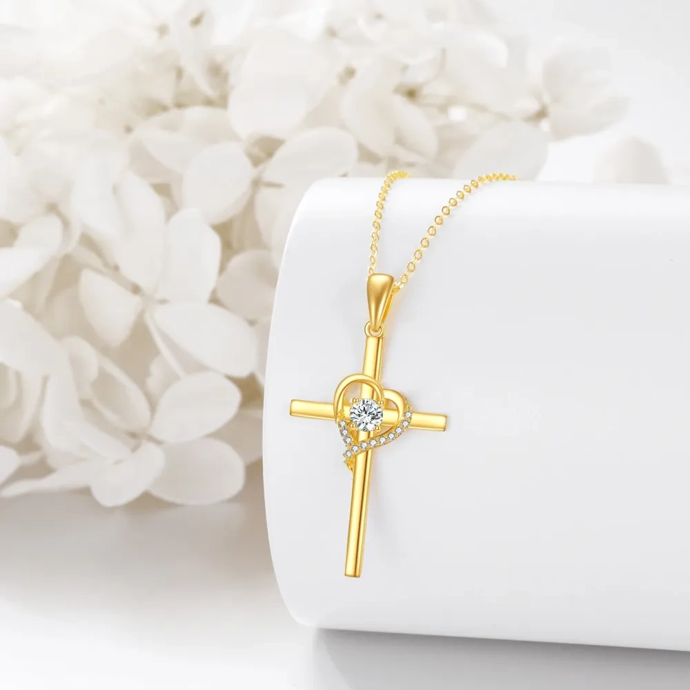 10K Gold Cubic Zirconia Cross & Heart Pendant Necklace-4