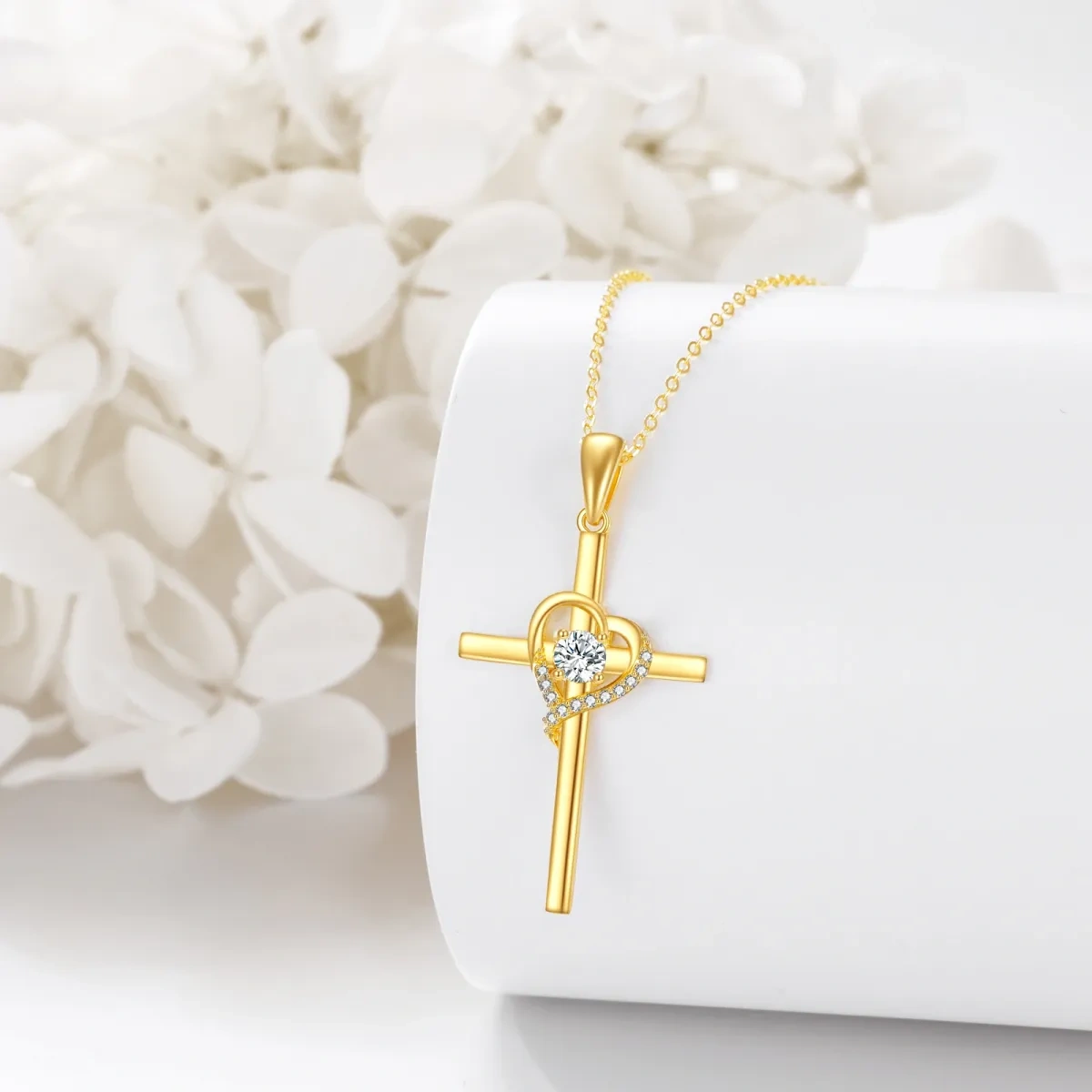 14K Gold Cubic Zirkonia Kreuz & Herz Anhänger Halskette-4