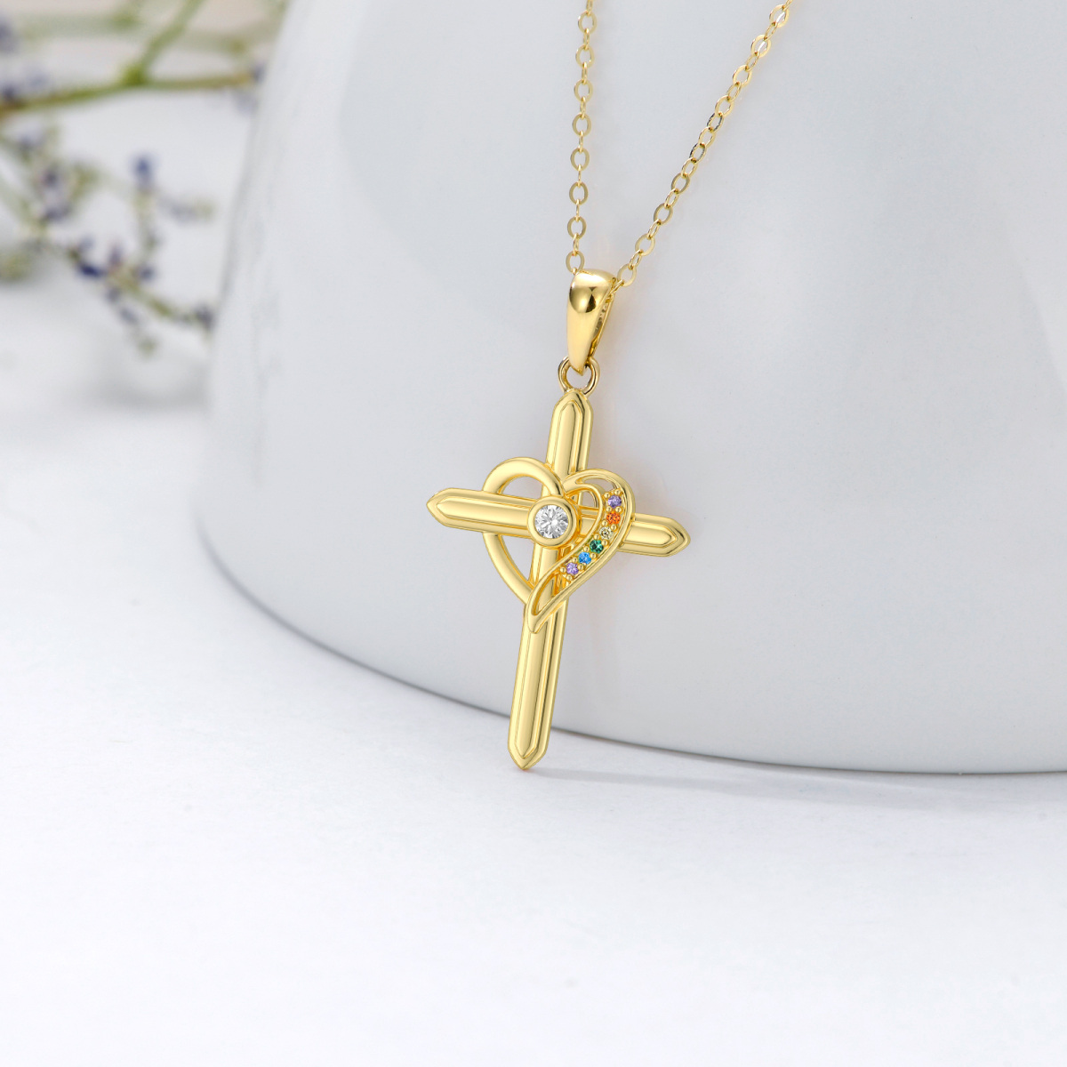 14K Gold Cross & Heart Pendant Necklace-3