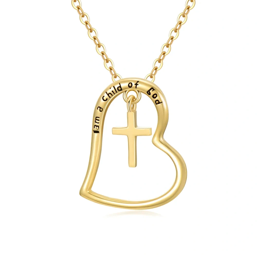 10K Gold Cross & Heart Pendant Necklace with Engraved Word-1