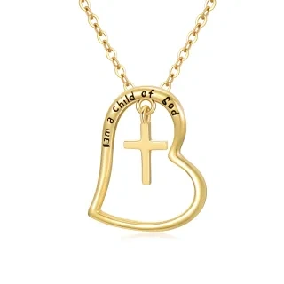 10K Gold Cross & Heart Pendant Necklace with Engraved Word-12