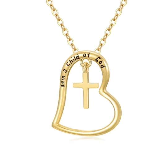 10K Gold Cross & Heart Pendant Necklace with Engraved Word