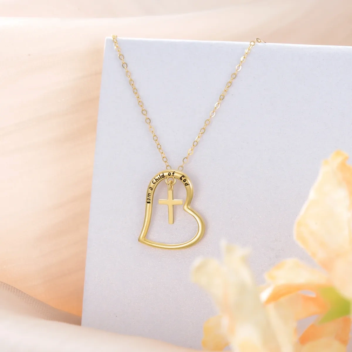 14K Gold Cross & Heart Pendant Necklace with Engraved Word-4