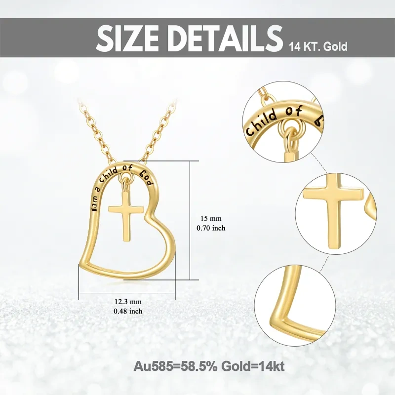 Collar con colgante de cruz en forma de corazón en oro de 14 quilates con palabra grabada-5