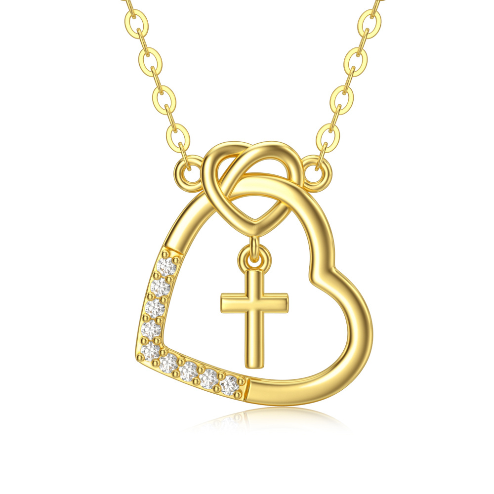 Collar con colgante de nudo de amor y cruz de corazón de oro de 14 quilates con cristal de Austria de grado 5A-1