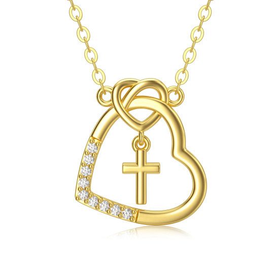 14K Gold Cubic Zirconia Cross & Heart With Heart Pendant Necklace