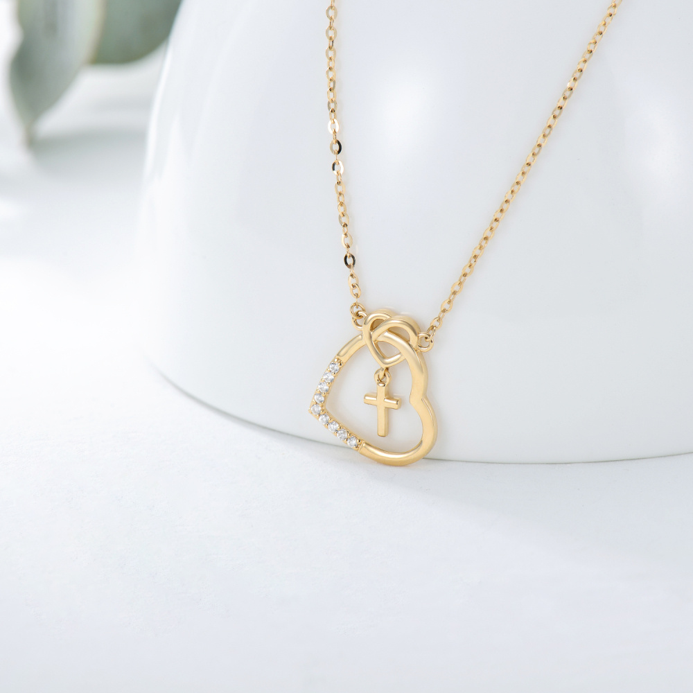 Collar con colgante de nudo de amor y cruz de corazón de oro de 14 quilates con cristal de Austria de grado 5A-3