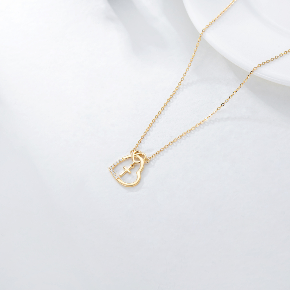 Collar con colgante de nudo de amor y cruz de corazón de oro de 14 quilates con cristal de Austria de grado 5A-4