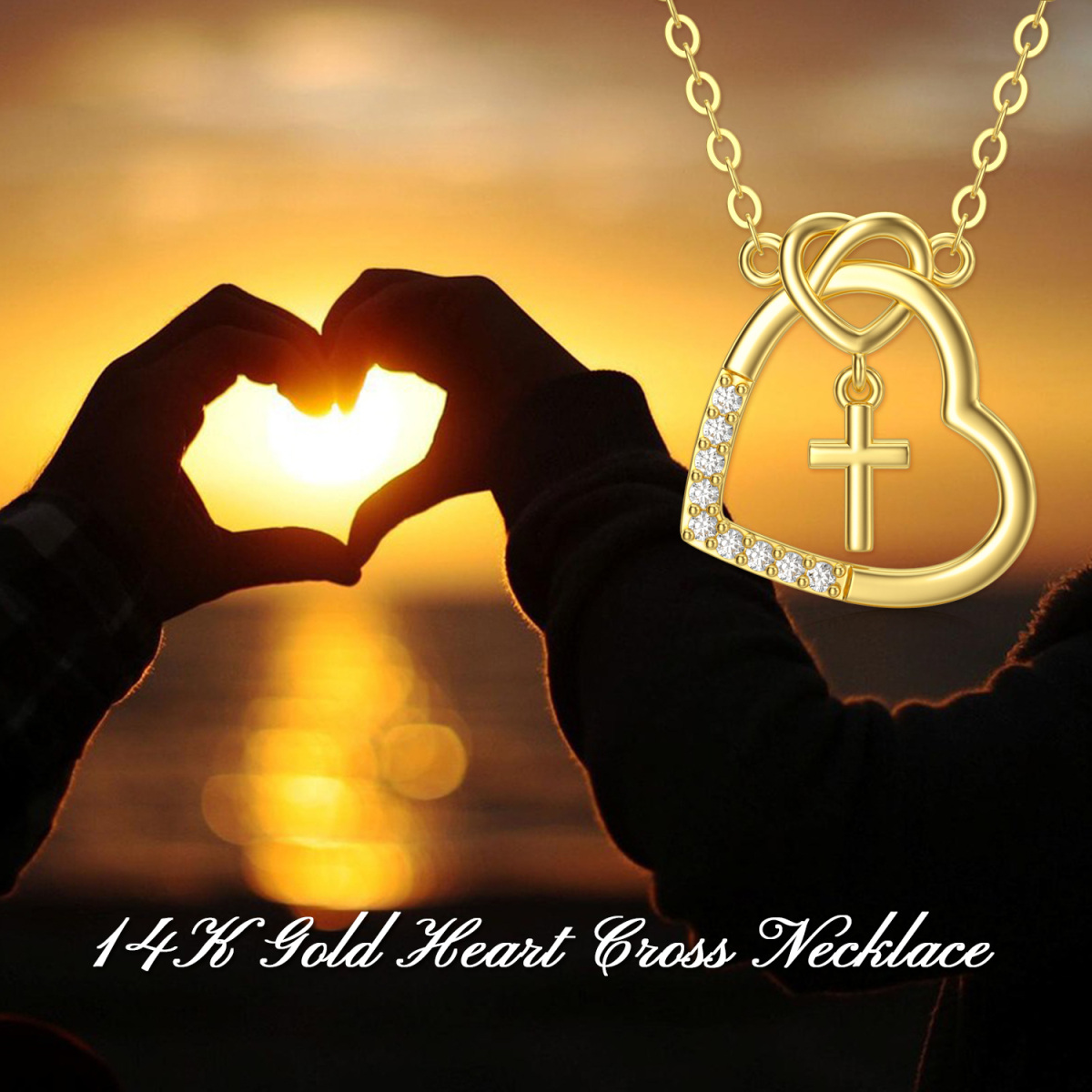 10K Gold Heart Cross & Love Knot Pendant Necklace With 5A Grade Austria Crystal-5