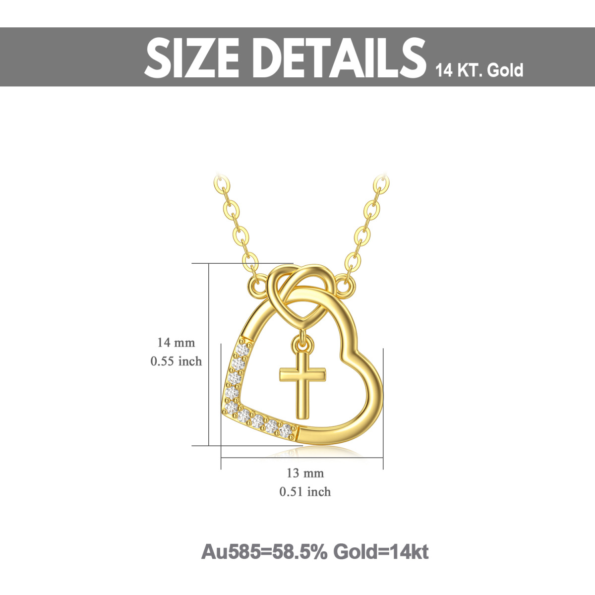 Collier pendentif croix cœur et nœud d'amour en or 14 carats avec cristal autrichien de qualité 5A-6